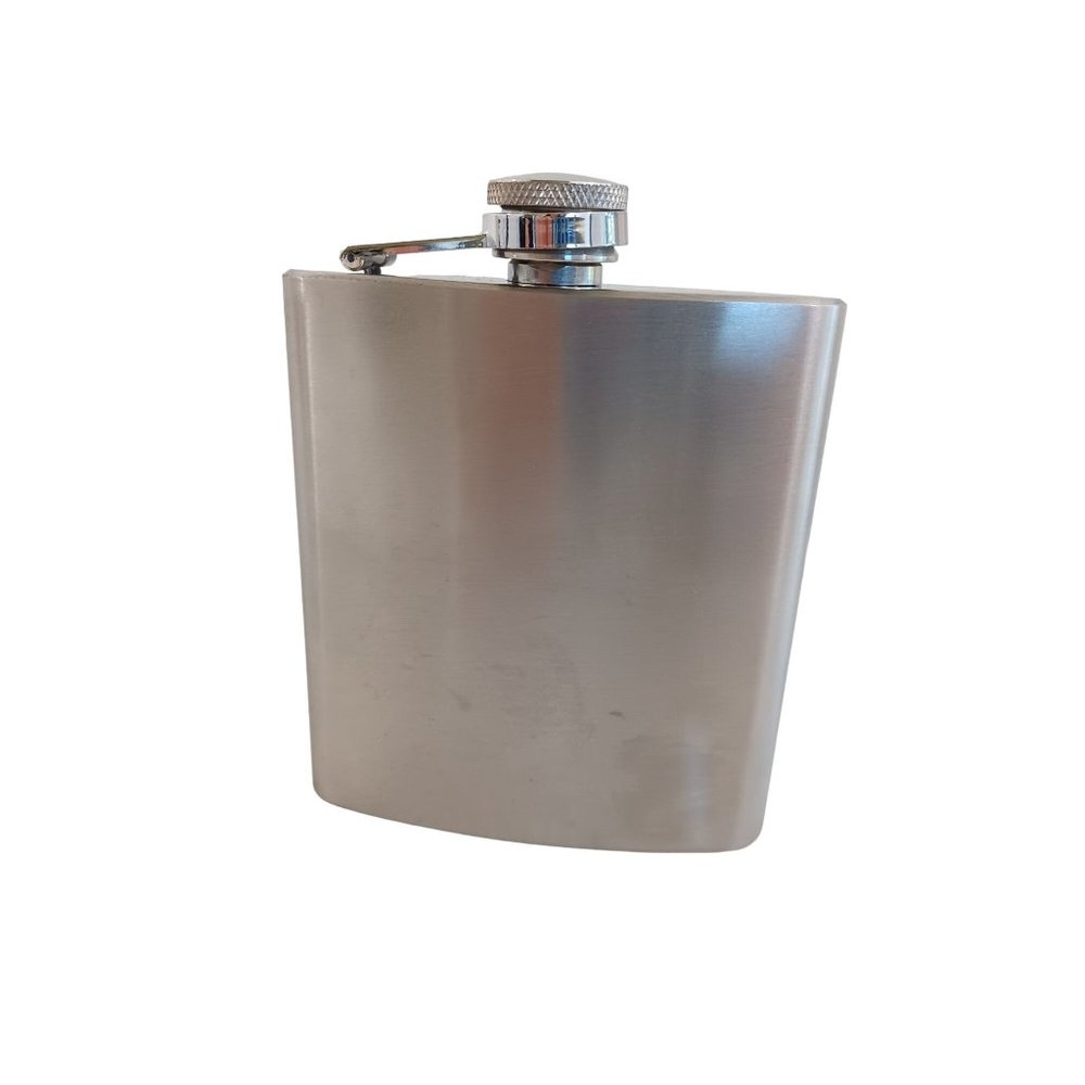 True Unused 6 oz Stainless Steel Metal Flask Twist Attached Top 4.5"x3.5" Pocket